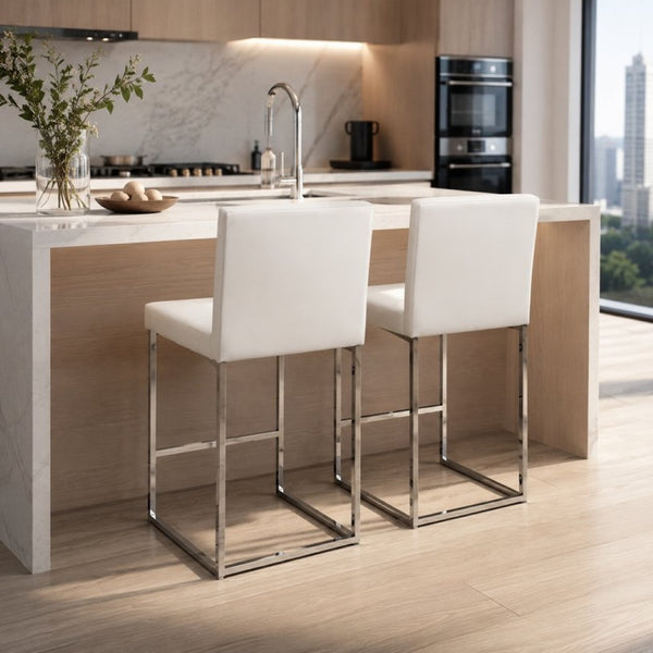 English Elm 25.6 Inch Counter Height Barstools Set of 2 PU Upholstered Metal Frame Kitchen Seating Silver+White W2920P462101