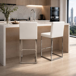 English Elm 25.6 Inch Counter Height Barstools Set of 2 PU Upholstered Metal Frame Kitchen Seating Silver+White W2920P462101