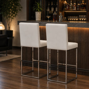 English Elm 25.6 Inch Counter Height Barstools Set of 2 PU Upholstered Metal Frame Kitchen Seating Silver+White W2920P462101