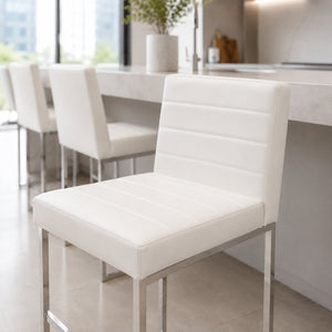 English Elm 25.6 Inch Counter Height Barstools Set of 2 PU Upholstered Metal Frame Kitchen Seating Silver+White W2920P462101