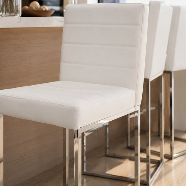 English Elm 25.6 Inch Counter Height Barstools Set of 2 PU Upholstered Metal Frame Kitchen Seating Silver+White W2920P462101
