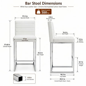 English Elm 25.6 Inch Counter Height Barstools Set of 2 PU Upholstered Metal Frame Kitchen Seating Silver+White W2920P462101
