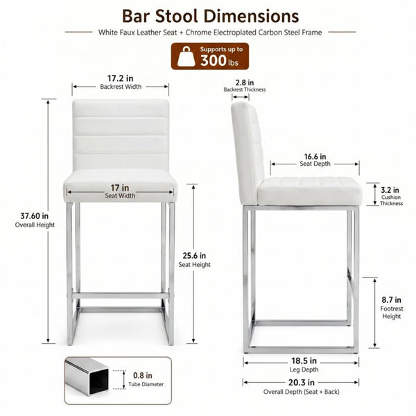 English Elm 25.6 Inch Counter Height Barstools Set of 2 PU Upholstered Metal Frame Kitchen Seating Silver+White W2920P462101