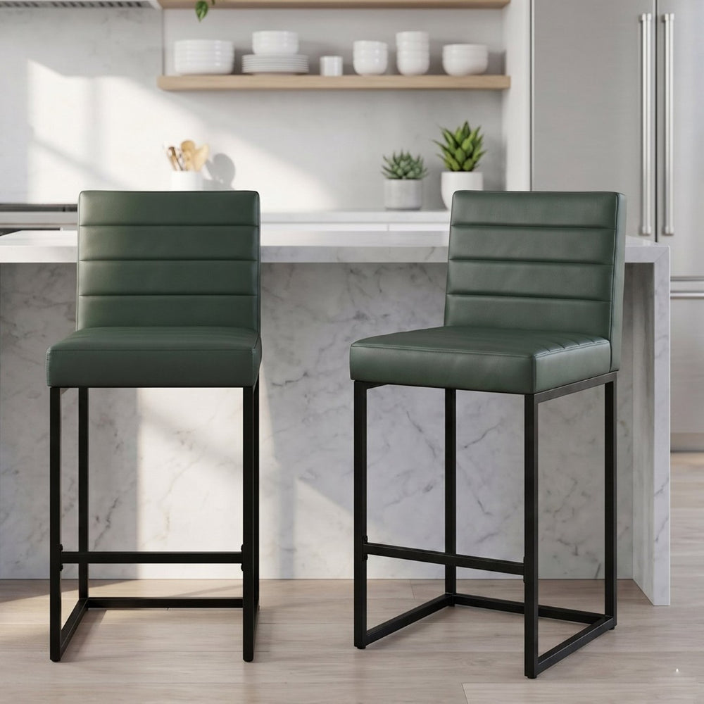 English Elm 25.6 Inch Counter Height Barstools Set of 2 PU Upholstered Metal Frame Kitchen Seating Black+Green W2920P462102