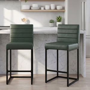 English Elm 25.6 Inch Counter Height Barstools Set of 2 PU Upholstered Metal Frame Kitchen Seating Black+Green W2920P462102