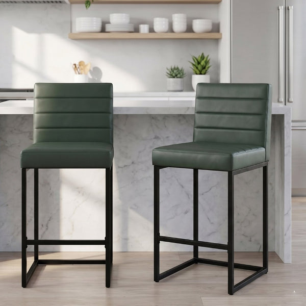 English Elm 25.6 Inch Counter Height Barstools Set of 2 PU Upholstered Metal Frame Kitchen Seating Black+Green W2920P462102