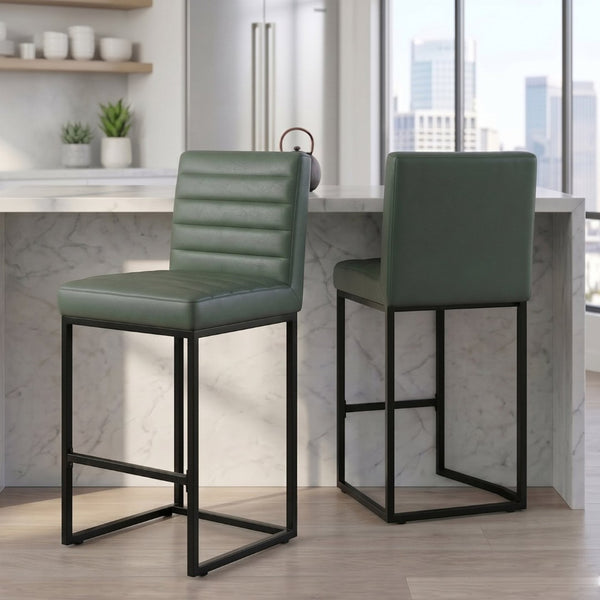 English Elm 25.6 Inch Counter Height Barstools Set of 2 PU Upholstered Metal Frame Kitchen Seating Black+Green W2920P462102