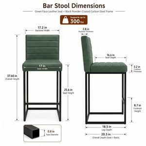 English Elm 25.6 Inch Counter Height Barstools Set of 2 PU Upholstered Metal Frame Kitchen Seating Black+Green W2920P462102