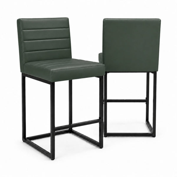 English Elm 25.6 Inch Counter Height Barstools Set of 2 PU Upholstered Metal Frame Kitchen Seating Black+Green W2920P462102