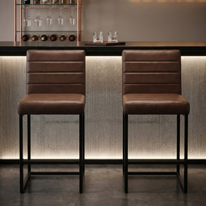 English Elm 25.6 Inch Counter Height Barstools Set of 2 PU Upholstered Metal Frame Kitchen Seating Black Brown W2920P462103
