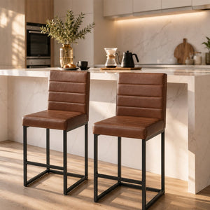 English Elm 25.6 Inch Counter Height Barstools Set of 2 PU Upholstered Metal Frame Kitchen Seating Black Brown W2920P462103