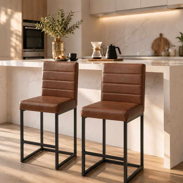 English Elm 25.6 Inch Counter Height Barstools Set of 2 PU Upholstered Metal Frame Kitchen Seating Black Brown W2920P462103
