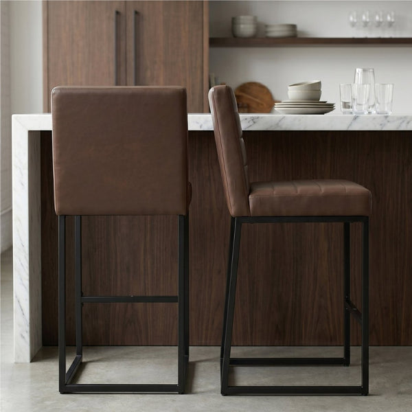 English Elm 25.6 Inch Counter Height Barstools Set of 2 PU Upholstered Metal Frame Kitchen Seating Black Brown W2920P462103