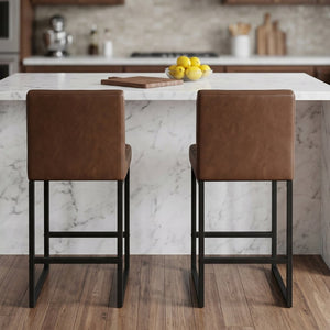 English Elm 25.6 Inch Counter Height Barstools Set of 2 PU Upholstered Metal Frame Kitchen Seating Black Brown W2920P462103