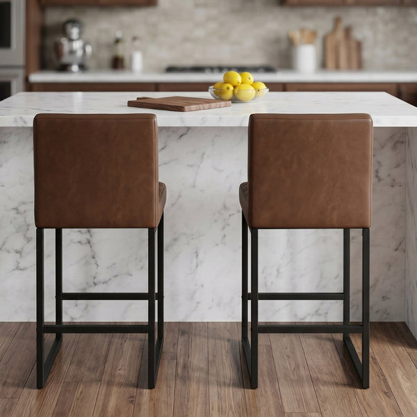 English Elm 25.6 Inch Counter Height Barstools Set of 2 PU Upholstered Metal Frame Kitchen Seating Black Brown W2920P462103