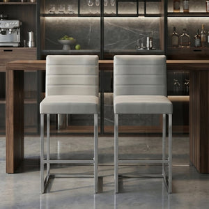 English Elm 25.6 Inch Counter Height Barstools Set of 2 PU Upholstered Metal Frame Kitchen Seating Grey+Silver W2920P462104