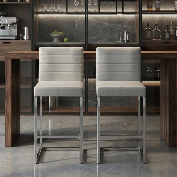 English Elm 25.6 Inch Counter Height Barstools Set of 2 PU Upholstered Metal Frame Kitchen Seating Grey+Silver W2920P462104