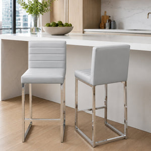 English Elm 25.6 Inch Counter Height Barstools Set of 2 PU Upholstered Metal Frame Kitchen Seating Grey+Silver W2920P462104