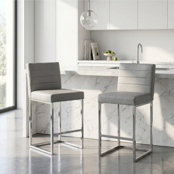 English Elm 25.6 Inch Counter Height Barstools Set of 2 PU Upholstered Metal Frame Kitchen Seating Grey+Silver W2920P462104