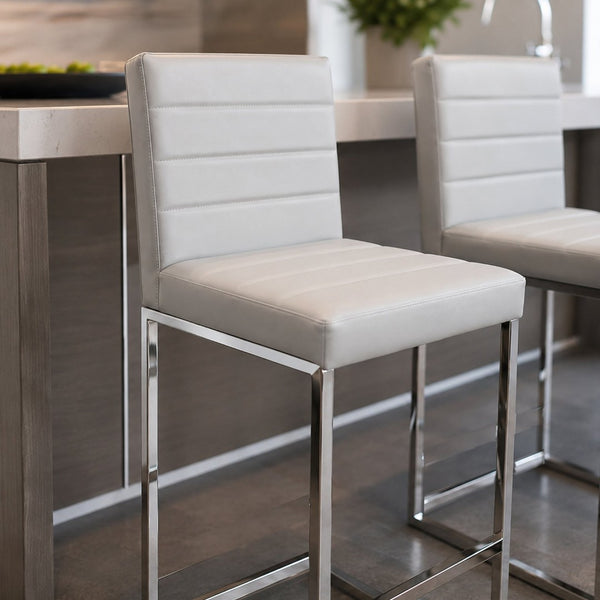 English Elm 25.6 Inch Counter Height Barstools Set of 2 PU Upholstered Metal Frame Kitchen Seating Grey+Silver W2920P462104
