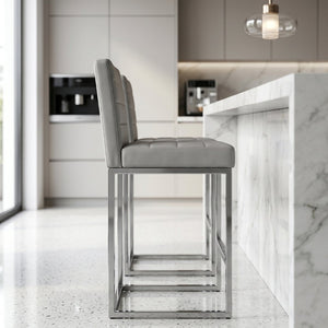 English Elm 25.6 Inch Counter Height Barstools Set of 2 PU Upholstered Metal Frame Kitchen Seating Grey+Silver W2920P462104