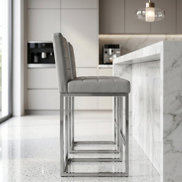 English Elm 25.6 Inch Counter Height Barstools Set of 2 PU Upholstered Metal Frame Kitchen Seating Grey+Silver W2920P462104