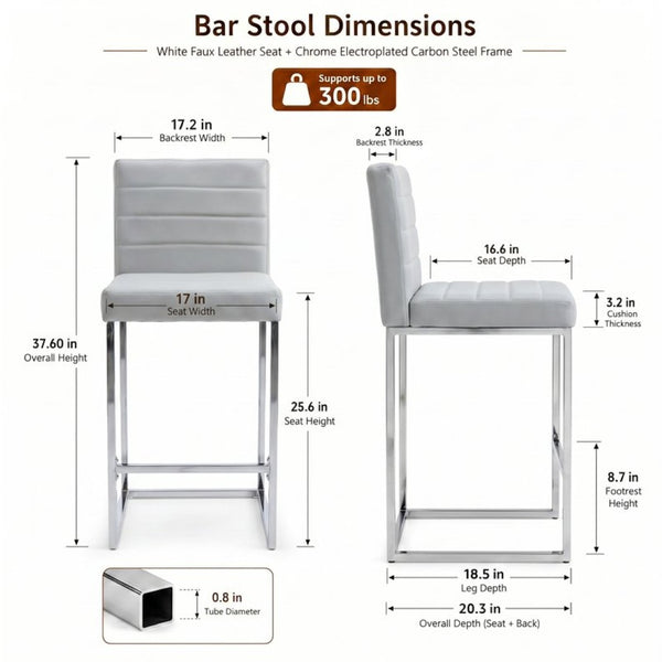 English Elm 25.6 Inch Counter Height Barstools Set of 2 PU Upholstered Metal Frame Kitchen Seating Grey+Silver W2920P462104