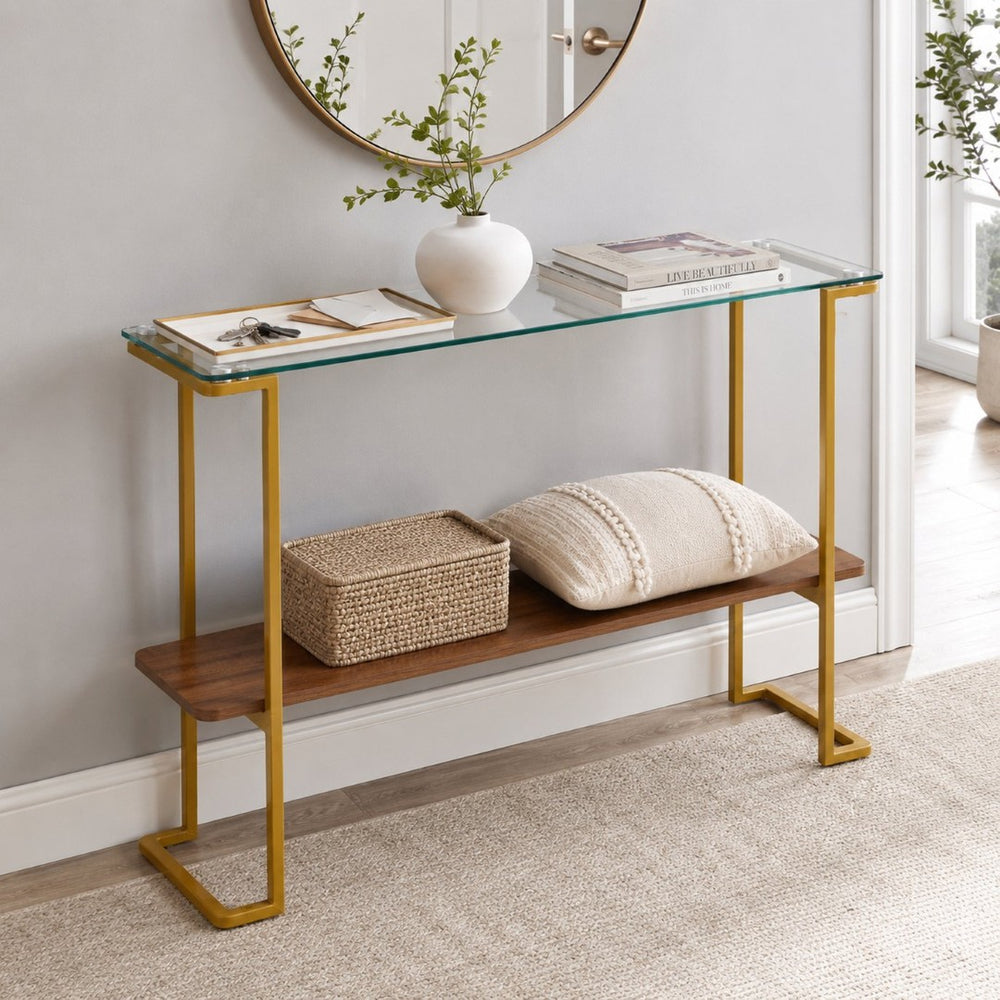 English Elm Glass and Walnut Two-tier Console Table Mid-century Gold Steel Frame Foyer Accent W2920P469320