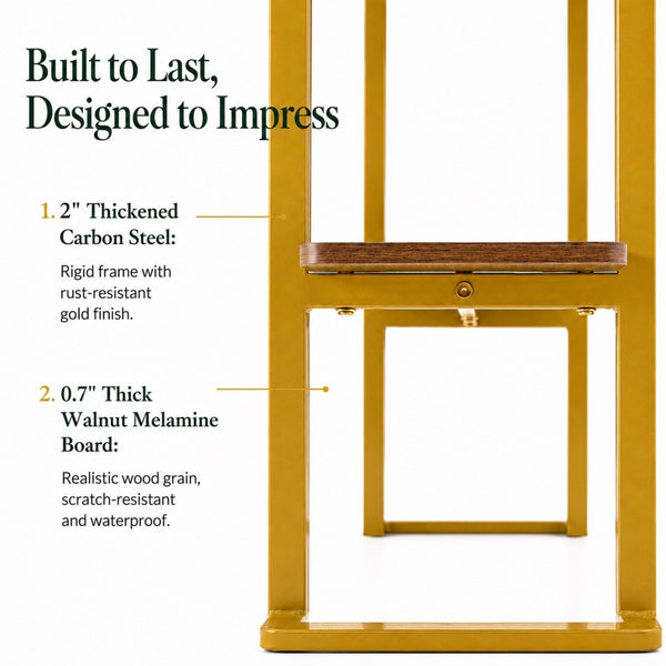 English Elm Glass and Walnut Two-tier Console Table Mid-century Gold Steel Frame Foyer Accent W2920P469320
