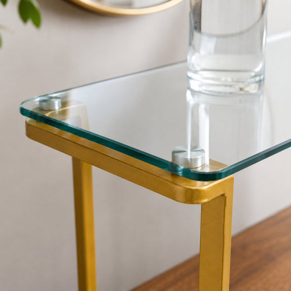 English Elm Glass and Walnut Two-tier Console Table Mid-century Gold Steel Frame Foyer Accent W2920P469320