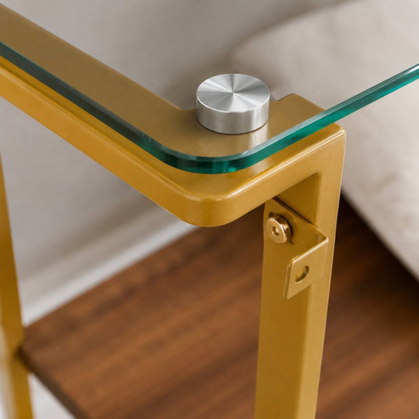 English Elm Glass and Walnut Two-tier Console Table Mid-century Gold Steel Frame Foyer Accent W2920P469320