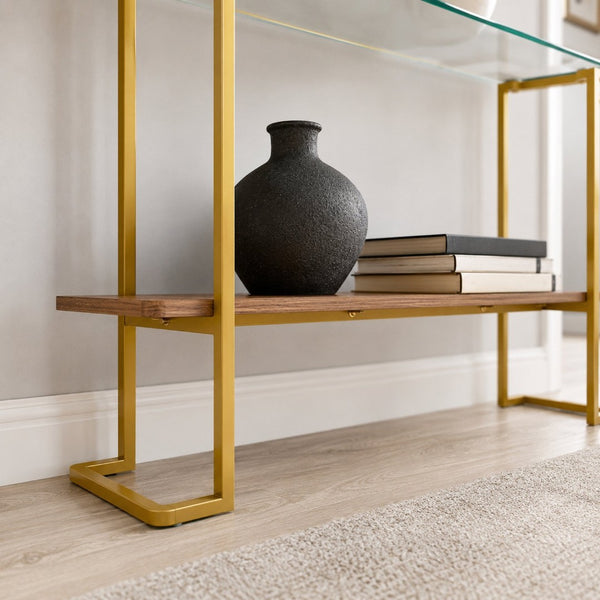 English Elm Glass and Walnut Two-tier Console Table Mid-century Gold Steel Frame Foyer Accent W2920P469320
