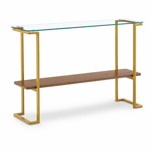 English Elm Glass and Walnut Two-tier Console Table Mid-century Gold Steel Frame Foyer Accent W2920P469320