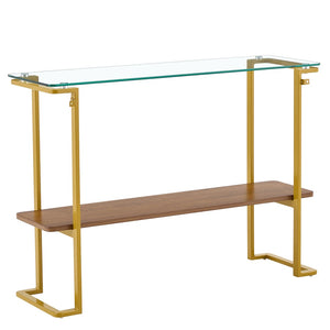 English Elm Glass and Walnut Two-tier Console Table Mid-century Gold Steel Frame Foyer Accent W2920P469320