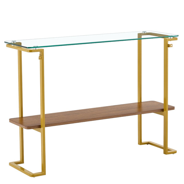 English Elm Glass and Walnut Two-tier Console Table Mid-century Gold Steel Frame Foyer Accent W2920P469320