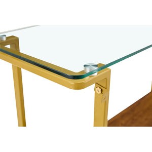 English Elm Glass and Walnut Two-tier Console Table Mid-century Gold Steel Frame Foyer Accent W2920P469320