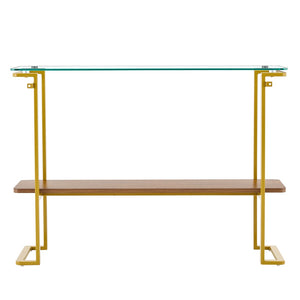 English Elm Glass and Walnut Two-tier Console Table Mid-century Gold Steel Frame Foyer Accent W2920P469320