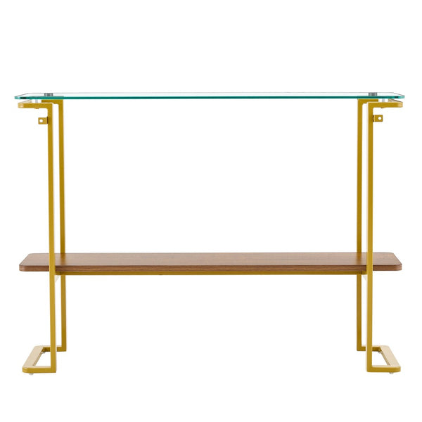 English Elm Glass and Walnut Two-tier Console Table Mid-century Gold Steel Frame Foyer Accent W2920P469320