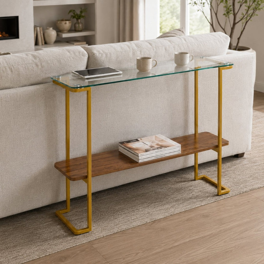 English Elm Glass and Walnut Two-tier Console Table Mid-century Gold Steel Frame Foyer Accent W2920P469320