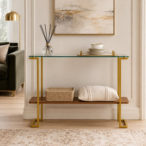 English Elm Glass and Walnut Two-tier Console Table Mid-century Gold Steel Frame Foyer Accent W2920P469320