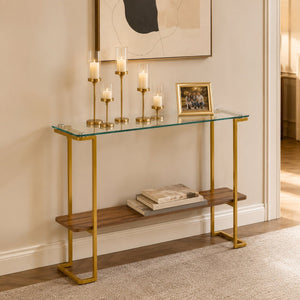 English Elm Glass and Walnut Two-tier Console Table Mid-century Gold Steel Frame Foyer Accent W2920P469320
