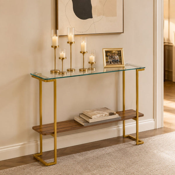 English Elm Glass and Walnut Two-tier Console Table Mid-century Gold Steel Frame Foyer Accent W2920P469320