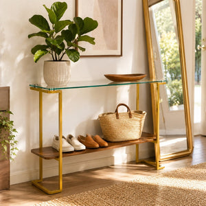 English Elm Glass and Walnut Two-tier Console Table Mid-century Gold Steel Frame Foyer Accent W2920P469320