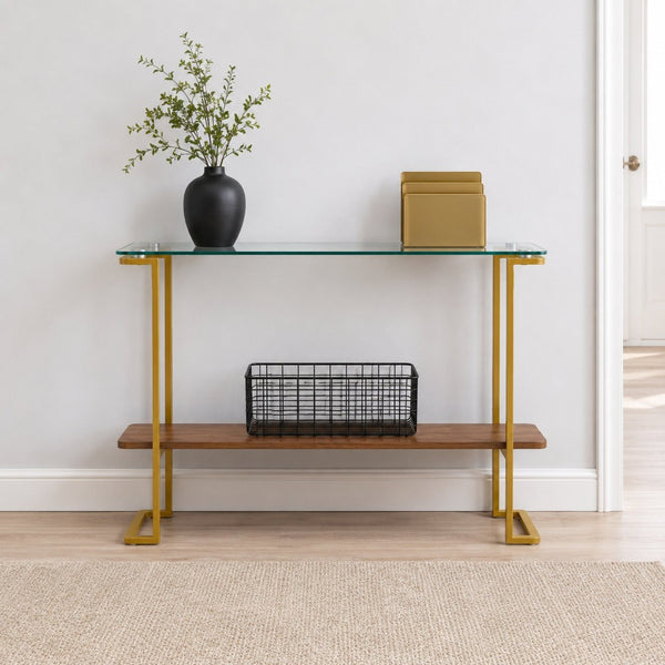 English Elm Glass and Walnut Two-tier Console Table Mid-century Gold Steel Frame Foyer Accent W2920P469320