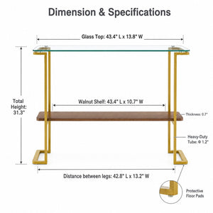 English Elm Glass and Walnut Two-tier Console Table Mid-century Gold Steel Frame Foyer Accent W2920P469320