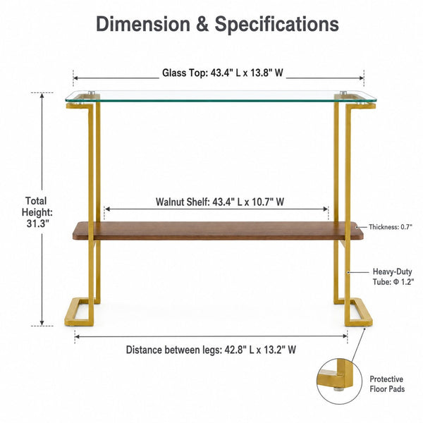 English Elm Glass and Walnut Two-tier Console Table Mid-century Gold Steel Frame Foyer Accent W2920P469320