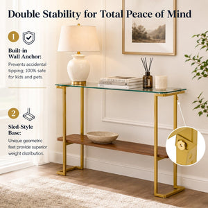 English Elm Glass and Walnut Two-tier Console Table Mid-century Gold Steel Frame Foyer Accent W2920P469320