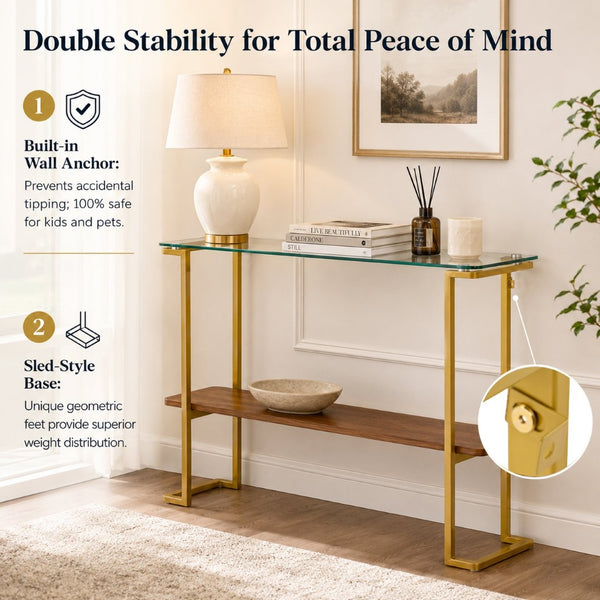 English Elm Glass and Walnut Two-tier Console Table Mid-century Gold Steel Frame Foyer Accent W2920P469320