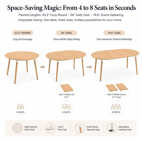 English Elm 3-In-1 Extendable Round Oval Dining Table Seats up to 8 with Silent Rail System W2920P477793