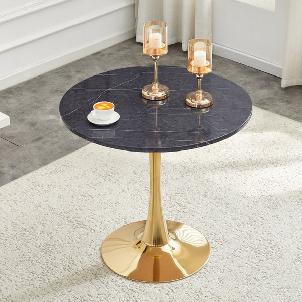 English Elm Round Faux Marble Tulip Dining Table Mid Century Pedestal Base Seats Four Compact W2920P480516